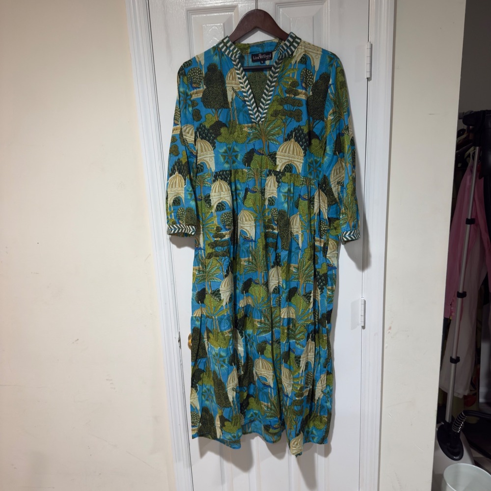 Liza Byrd Morley Long Length Dress Large Turquoise Tropical Cabana Cotton Maxi